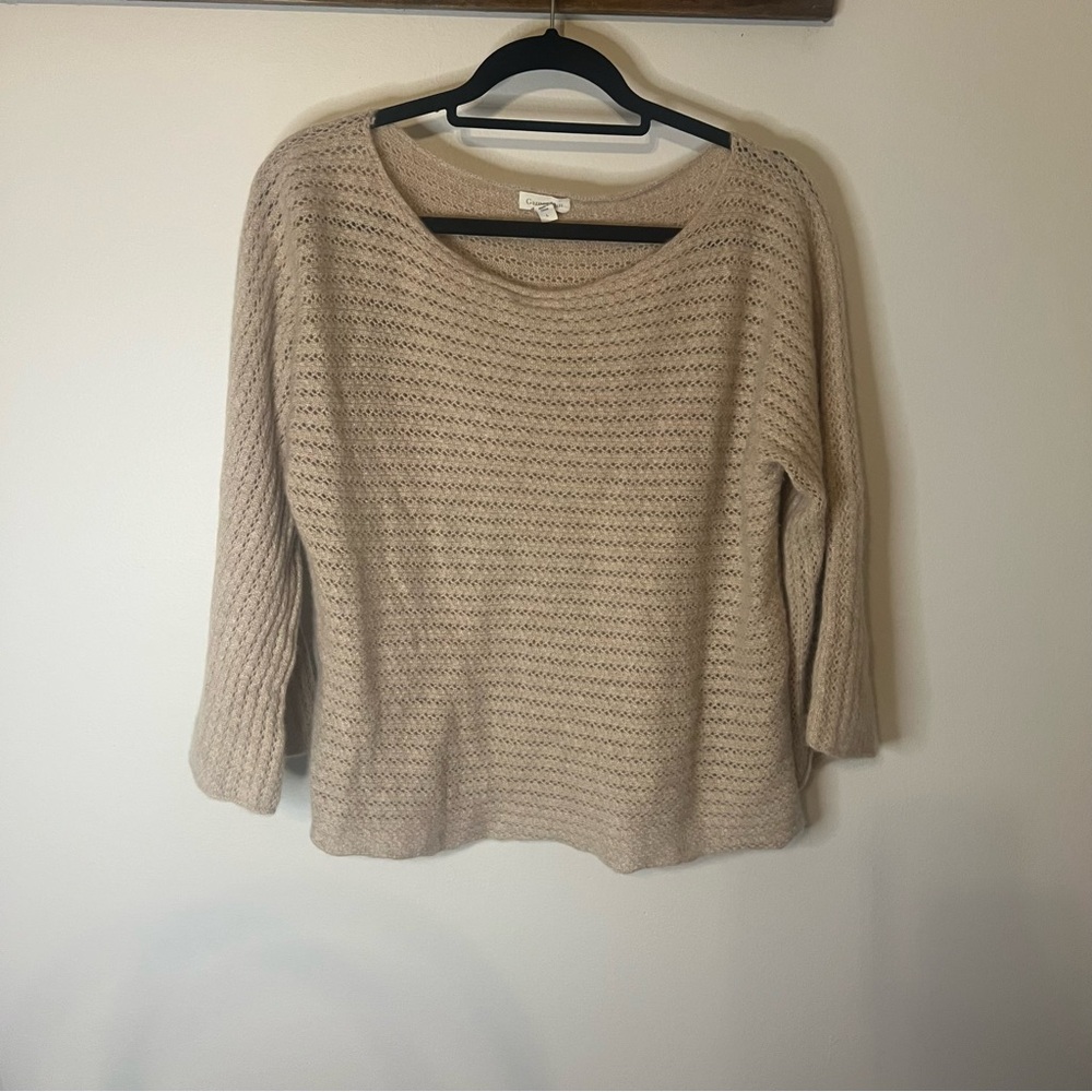 Garnet Hill 100% Cashmere Open Knit Crew Sweater Beige‎ Tan 3/4 Sleeve Size L